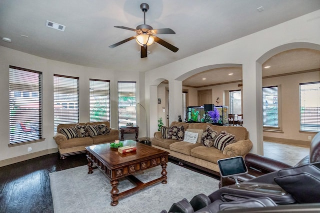 407 Pickney Ave, Sugar Land, TX 77479 - living room with arched walkways and ceiling fan