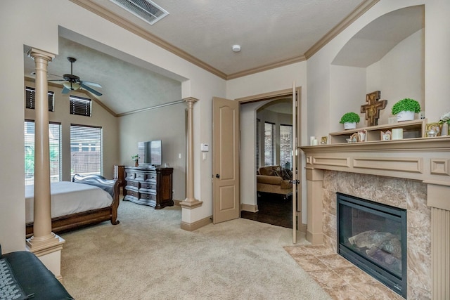 407 Pickney Ave, Sugar Land, TX 77479 - bedroom with light colored carpet, a premium fireplace, crown molding, and lofted ceiling