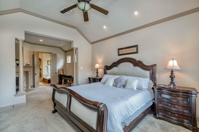 407 Pickney Ave, Sugar Land, TX 77479 - bedroom featuring crown molding, vaulted ceiling, carpet, ensuite bathroom, and a fireplace