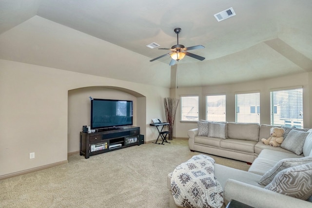407 Pickney Ave, Sugar Land, TX 77479 - living room with carpet, vaulted ceiling, and a ceiling fan