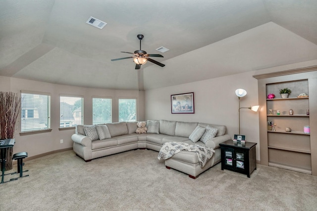 407 Pickney Ave, Sugar Land, TX 77479 - carpeted living area with ceiling fan, vaulted ceiling, and built in features