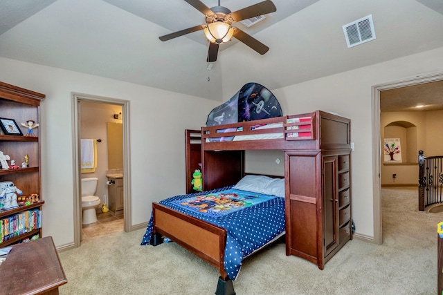 407 Pickney Ave, Sugar Land, TX 77479 - bedroom with carpet, connected bathroom, ceiling fan, and arched walkways
