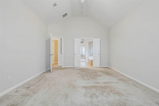 20311 Towering Cypress Dr, Cypress, TX 77433 - unfurnished bedroom featuring carpet floors, ensuite bath, high vaulted ceiling, and ceiling fan