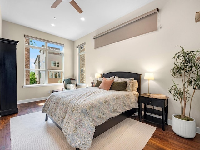 1437 Wagner St, Houston, TX 77007 - bedroom featuring dark wood-type flooring, recessed lighting, and a ceiling fan