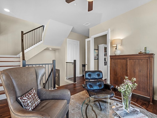 1437 Wagner St, Houston, TX 77007 - living area with wood finished floors, ceiling fan, an upstairs landing, and recessed lighting
