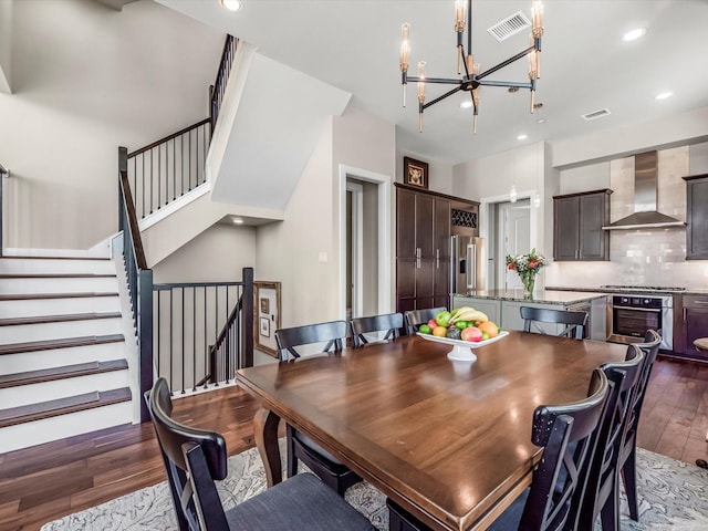 1437 Wagner St, Houston, TX 77007 - dining area featuring hardwood / wood-style flooring, a chandelier, stairs, and recessed lighting