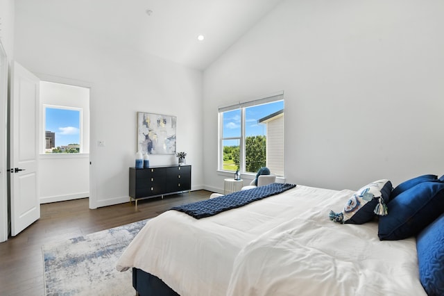 3913 Hare St, Houston, TX 77020 - bedroom featuring high vaulted ceiling, wood finished floors, and recessed lighting