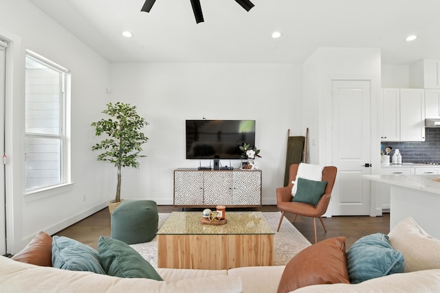 3913 Hare St, Houston, TX 77020 - living area featuring wood finished floors, ceiling fan, and recessed lighting