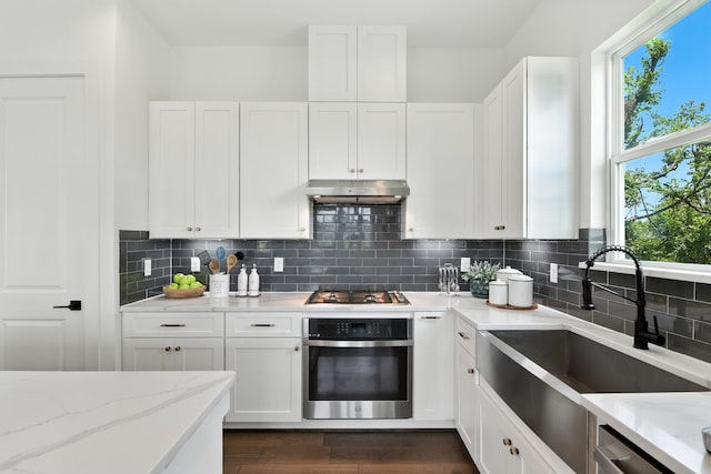 3913 Hare St, Houston, TX 77020 - kitchen with appliances with stainless steel finishes, under cabinet range hood, and white cabinets