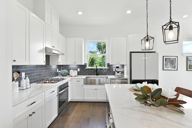 3913 Hare St, Houston, TX 77020 - kitchen with appliances with stainless steel finishes, dark wood finished floors, white cabinetry, light stone counters, and recessed lighting