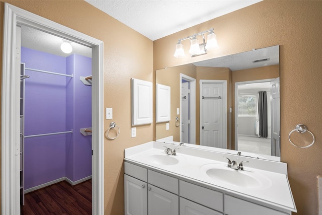 4838 Fair Oak Dale Ln, Humble, TX 77346 - full bath with wood finished floors, a textured wall, and double vanity