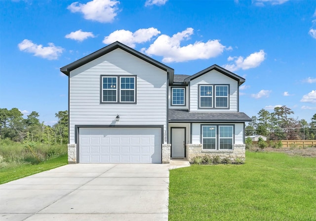 1089 Rd 5740, Cleveland, TX 77327 - view of front facade featuring stone siding, a garage, concrete driveway, and a front lawn