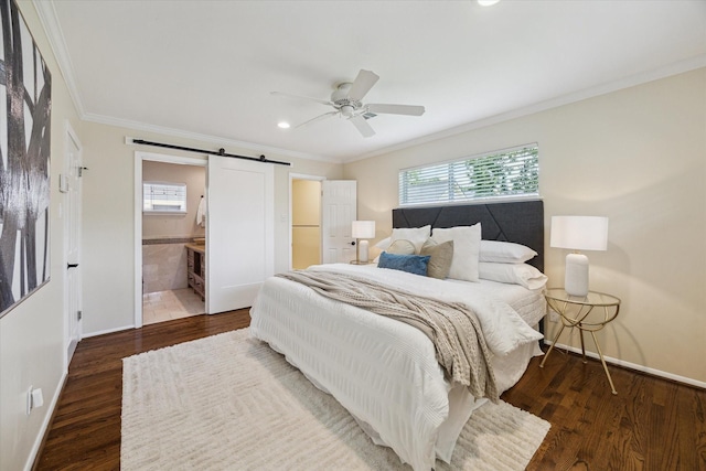 9222 Bronco Dr, Houston, TX 77055 - bedroom featuring ornamental molding, a barn door, wood finished floors, recessed lighting, and ceiling fan