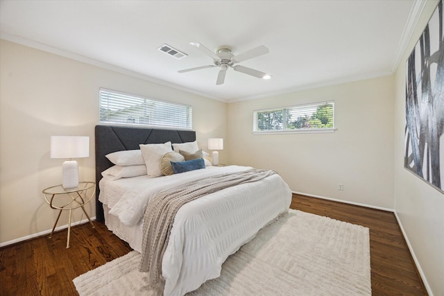 9222 Bronco Dr, Houston, TX 77055 - bedroom with crown molding, wood finished floors, and a ceiling fan