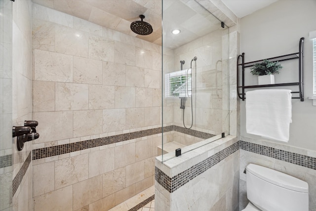 9222 Bronco Dr, Houston, TX 77055 - full bath featuring tile walls, a walk in shower, and recessed lighting