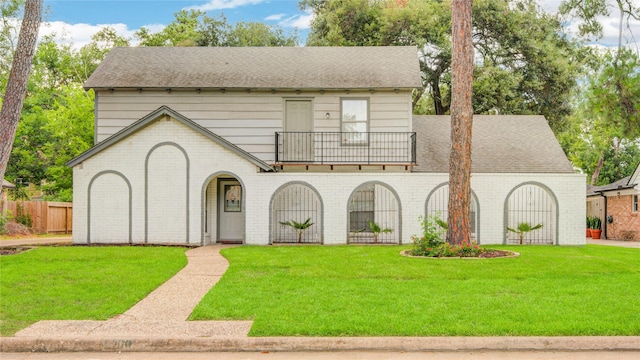5330 Boyce Springs Dr, Houston, TX 77066 - view of front facade with a balcony, brick siding, and a shingled roof