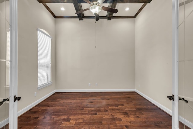 20307 Knights Branch Dr, Cypress, TX 77433 - empty room featuring coffered ceiling, wood finished floors, crown molding, beamed ceiling, and a ceiling fan