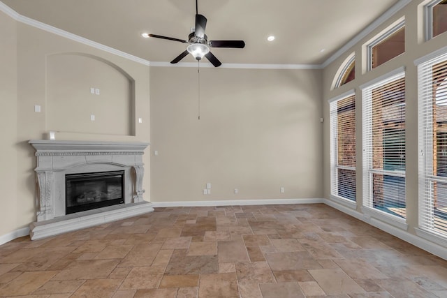 20307 Knights Branch Dr, Cypress, TX 77433 - unfurnished living room featuring a ceiling fan, stone tile flooring, healthy amount of natural light, crown molding, and recessed lighting