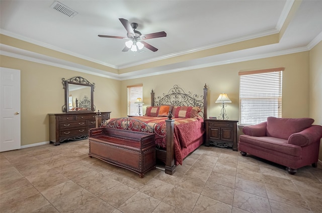24922 Falcon Hollow Ln, Katy, TX 77494 - bedroom with a tray ceiling, ornamental molding, and ceiling fan