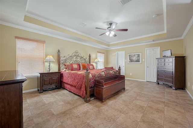 24922 Falcon Hollow Ln, Katy, TX 77494 - bedroom featuring a raised ceiling, crown molding, and a ceiling fan