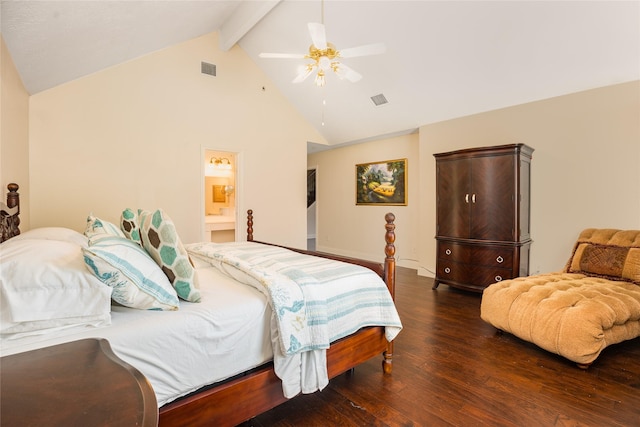 1201 Coryell St, League City, TX 77573 - bedroom with beam ceiling, wood finished floors, high vaulted ceiling, a ceiling fan, and ensuite bathroom