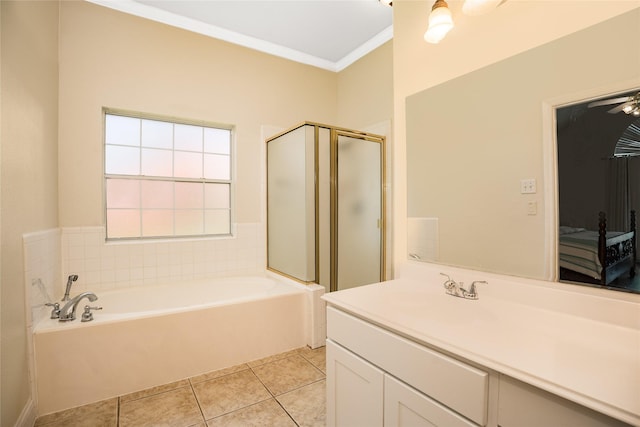 1201 Coryell St, League City, TX 77573 - full bath with a bath, vanity, a shower stall, ornamental molding, and tile patterned flooring