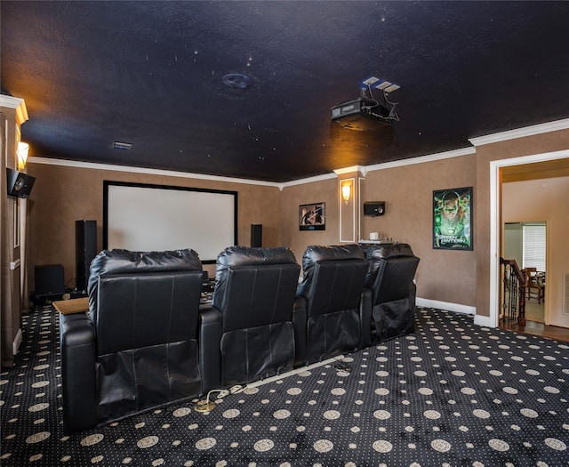 1201 Coryell St, League City, TX 77573 - home theater room with carpet floors and crown molding
