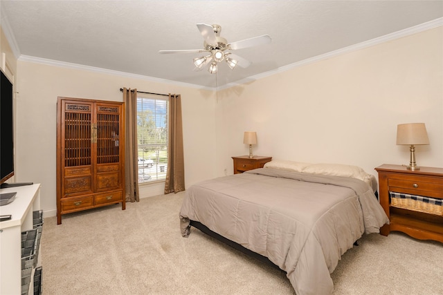 1201 Coryell St, League City, TX 77573 - bedroom featuring light colored carpet, ornamental molding, and ceiling fan