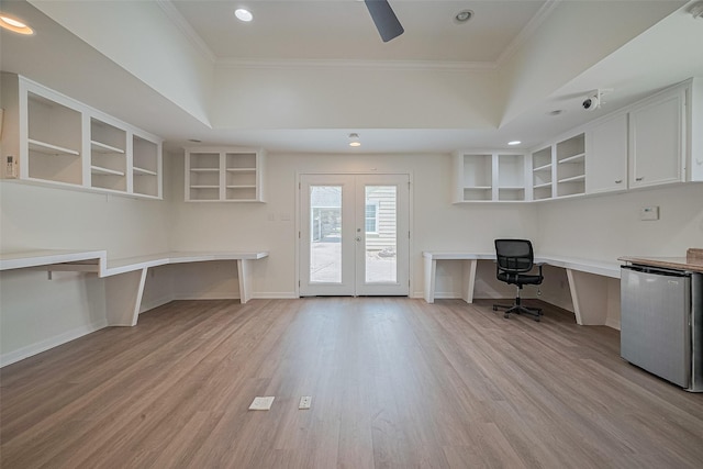 826 Heights Blvd, Houston, TX 77007 - unfurnished office with built in study area, french doors, ornamental molding, light wood finished floors, and a ceiling fan