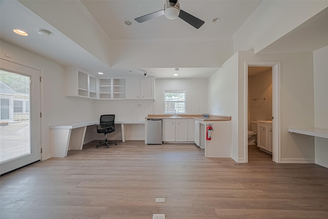 826 Heights Blvd, Houston, TX 77007 - unfurnished office with built in study area, light wood finished floors, ornamental molding, a ceiling fan, and recessed lighting