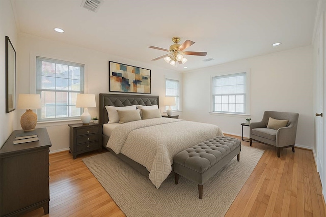 826 Heights Blvd, Houston, TX 77007 - bedroom featuring light wood-style flooring, a ceiling fan, and recessed lighting