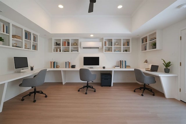 826 Heights Blvd, Houston, TX 77007 - office space with a wall mounted AC, built in study area, crown molding, light wood finished floors, and ceiling fan