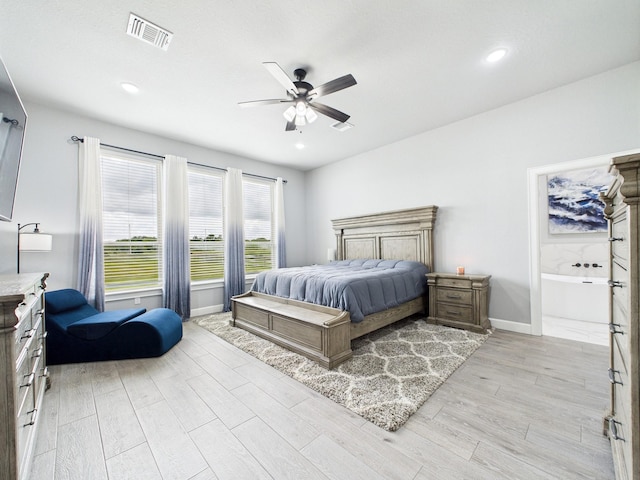 2711 Oakwood Shores Dr, Richwood, TX 77515 - bedroom featuring light wood-style floors, ceiling fan, and recessed lighting