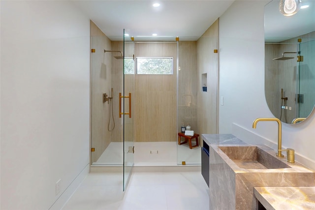 5055 Yarwell Dr, Houston, TX 77096 - bathroom featuring a shower stall, vanity, tile patterned floors, and recessed lighting