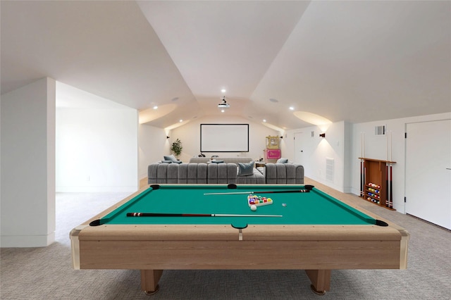 5055 Yarwell Dr, Houston, TX 77096 - game room with carpet flooring, vaulted ceiling, and billiards