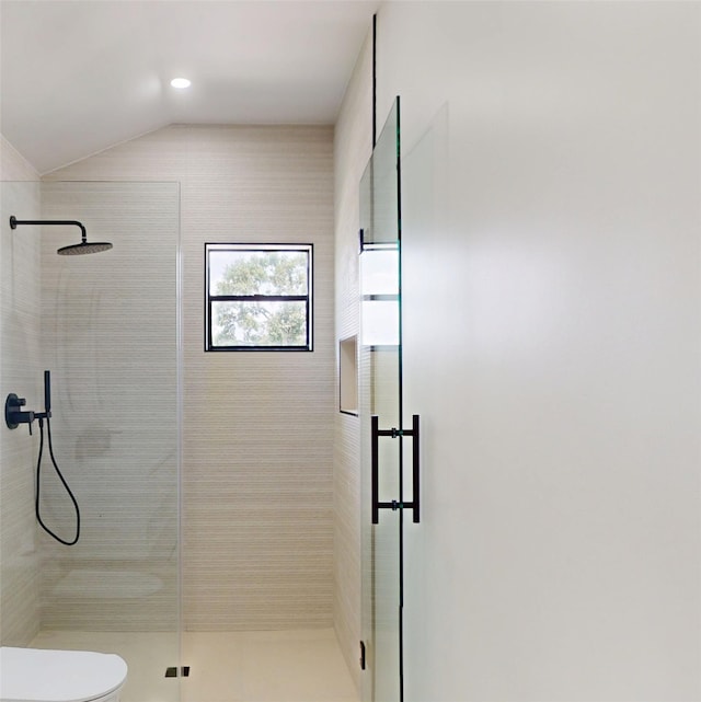 5055 Yarwell Dr, Houston, TX 77096 - bathroom with a shower stall and vaulted ceiling