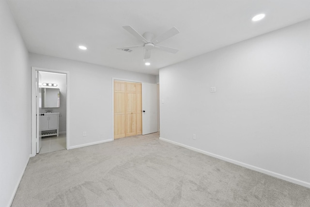 23311 Pebworth Pl, Spring, TX 77373 - unfurnished bedroom with recessed lighting, carpet flooring, ensuite bathroom, and a ceiling fan