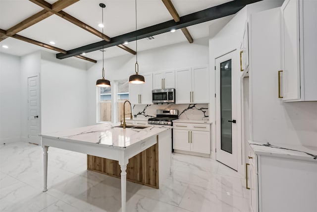 613 Melbourne St, Houston, TX 77022 - kitchen featuring appliances with stainless steel finishes, light marble finish floors, beamed ceiling, white cabinetry, and light stone counters