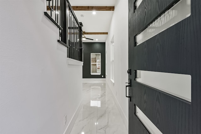 613 Melbourne St, Houston, TX 77022 - hallway featuring marble tiled flooring, recessed lighting, and stairs