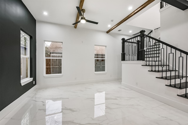 613 Melbourne St, Houston, TX 77022 - unfurnished living room with ceiling fan, stairs, recessed lighting, and marble finish flooring