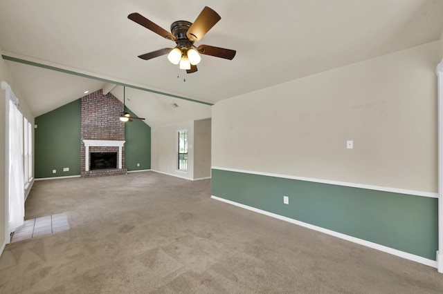 3519 El James Dr, Spring, TX 77388 - unfurnished living room featuring ceiling fan, a brick fireplace, and carpet floors
