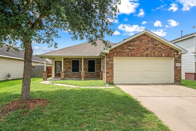 10919 Barker View Dr, Cypress, TX 77433 - ranch-style home featuring brick siding, driveway, an attached garage, a shingled roof, and a front yard