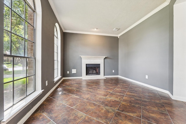 12823 Birch Falls Rd, Houston, TX 77065 - unfurnished living room with a fireplace, crown molding, and a textured ceiling