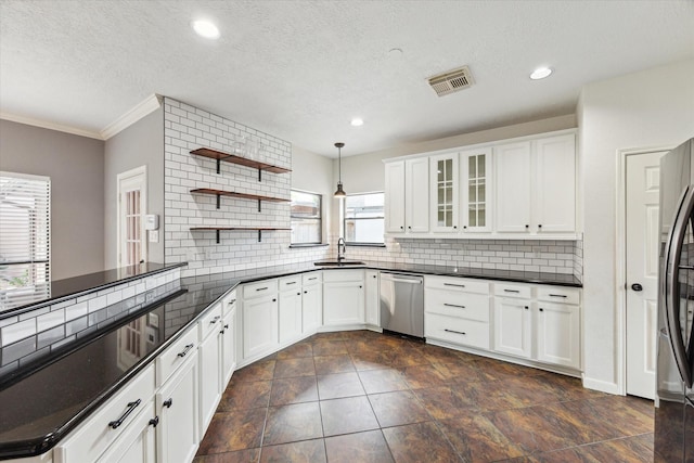 12823 Birch Falls Rd, Houston, TX 77065 - kitchen featuring stainless steel appliances, dark countertops, tasteful backsplash, open shelves, and crown molding