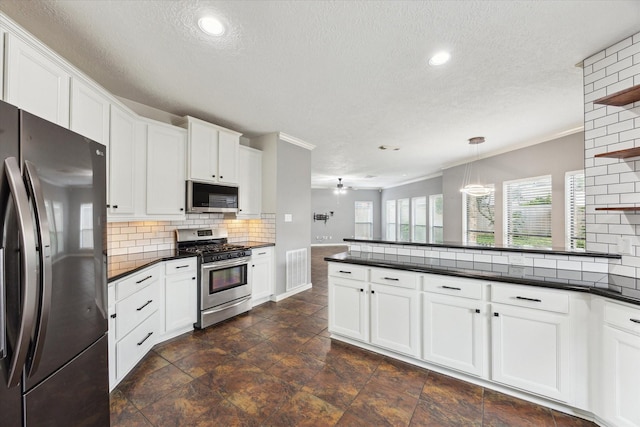 12823 Birch Falls Rd, Houston, TX 77065 - kitchen featuring appliances with stainless steel finishes, open shelves, dark countertops, a peninsula, and backsplash