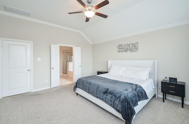 23334 Peareson Bend Ln, Richmond, TX 77469 - carpeted bedroom featuring ornamental molding, lofted ceiling, ensuite bathroom, and a ceiling fan