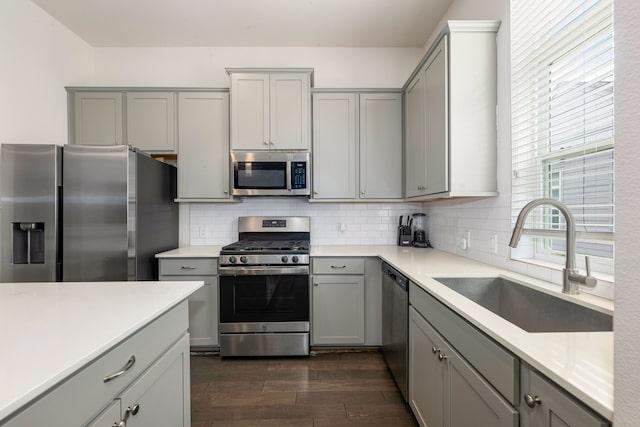 6033 Cypress St, Houston, TX 77074 - kitchen featuring appliances with stainless steel finishes, gray cabinetry, dark wood-type flooring, tasteful backsplash, and light countertops