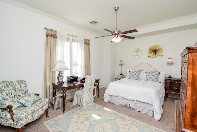 2230 Lakeshore Edge Dr, Houston, TX 77080 - carpeted bedroom featuring crown molding and a ceiling fan