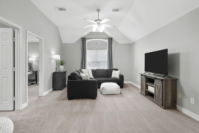 3423 Velasco Ct, Missouri City, TX 77459 - living room featuring carpet, a ceiling fan, and lofted ceiling