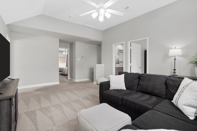3423 Velasco Ct, Missouri City, TX 77459 - living room with a ceiling fan, light carpet, lofted ceiling, and attic access